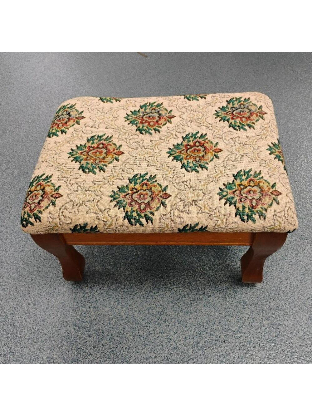 Vintage Wood Upholstered Foot Stool, Tapestry Cottage Core Riser French Ottoman
